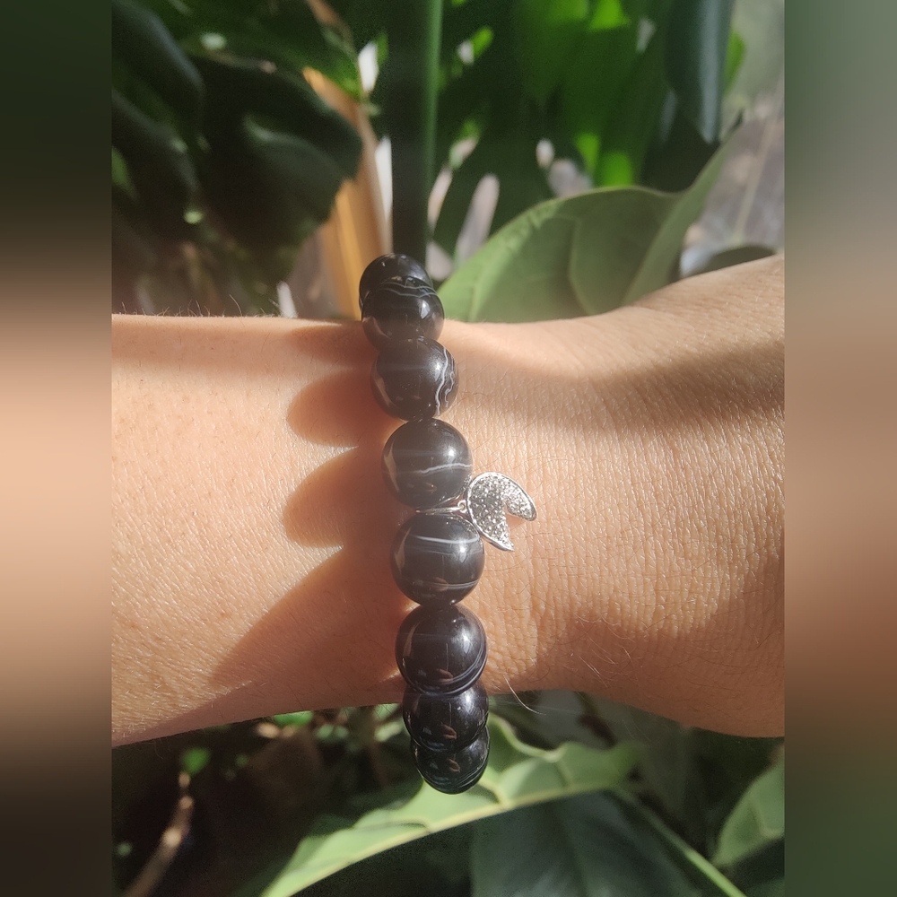Sydney Evan Black Agate Gemstone Bracelet with Iconic 14k Diamond Fortune Cookie